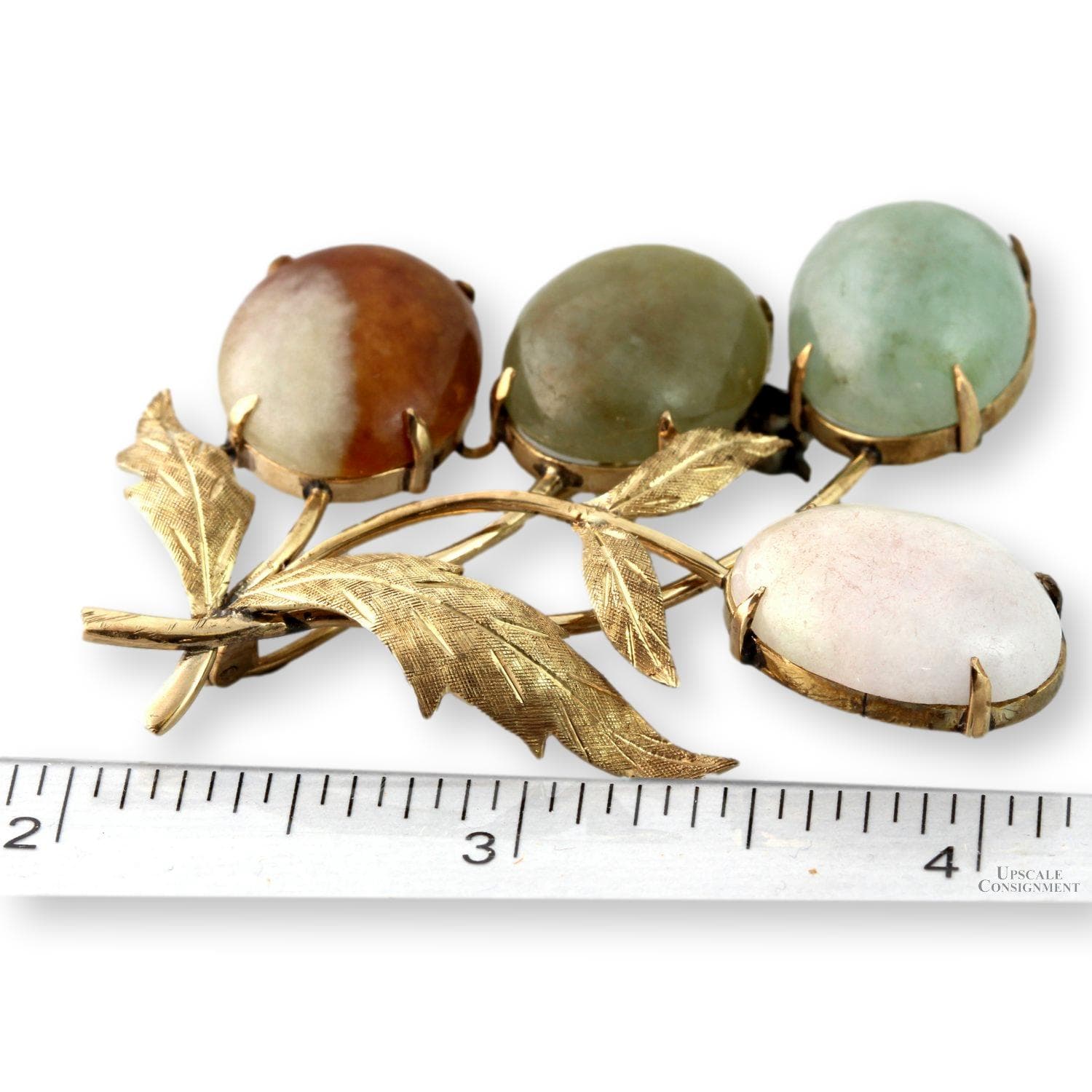 Nephrite Jade Brooch Solid Gold 9K–10K Multi Color Jade Leaf Pin - 2.125"(l) - Thumbnail 3