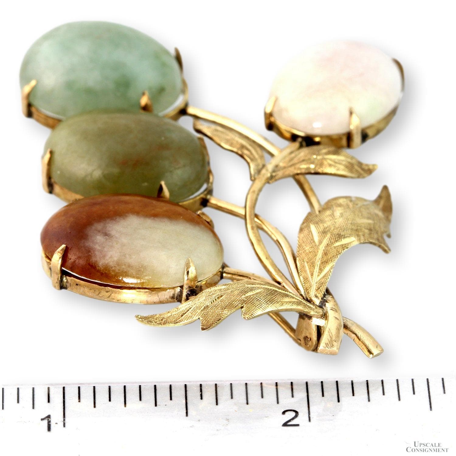 Nephrite Jade Brooch Solid Gold 9K–10K Multi Color Jade Leaf Pin - 2.125"(l) - Thumbnail 4