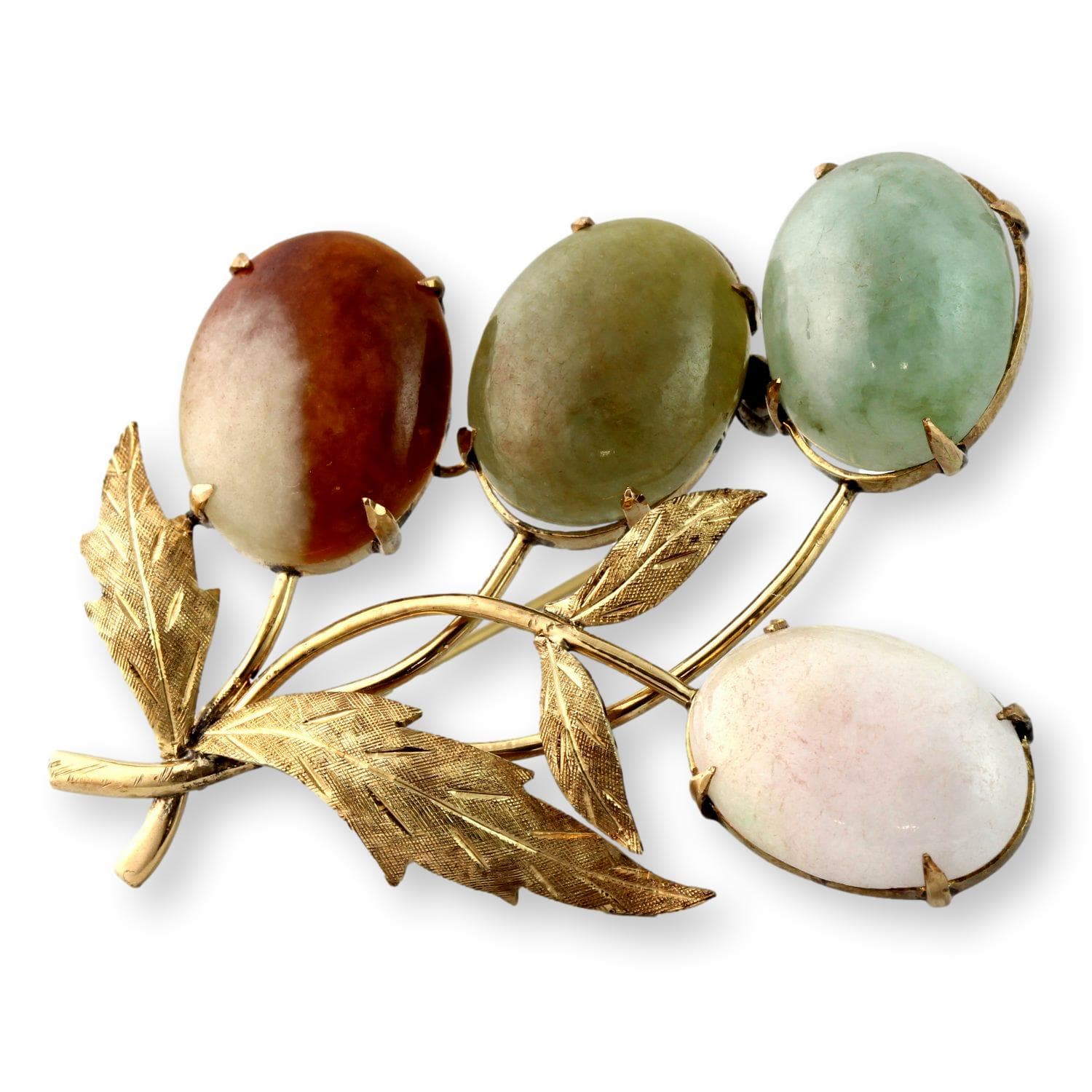 Nephrite Jade Brooch Solid Gold 9K–10K Multi Color Jade Leaf Pin - 2.125"(l)