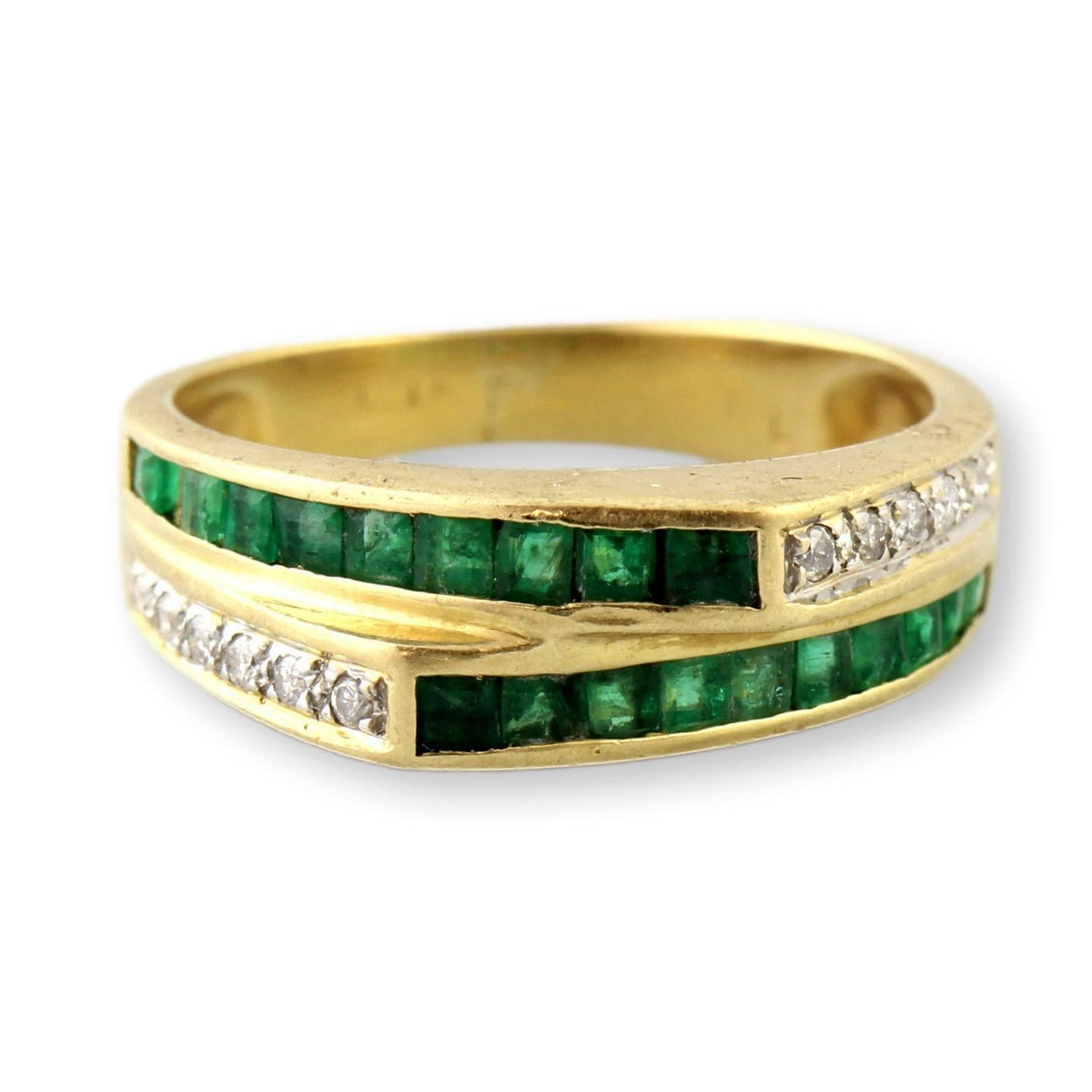 18K Yellow Gold Diamond & Emerald Ring – Tiered Deco-Inspired Design - Size 5.25 - Image 1