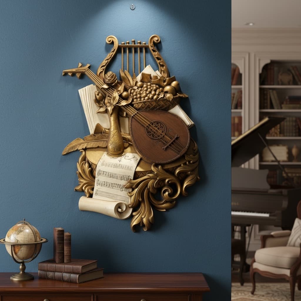 Vintage Musical Wall Art Plaque with Instruments and Sheet Music - Thumbnail 2