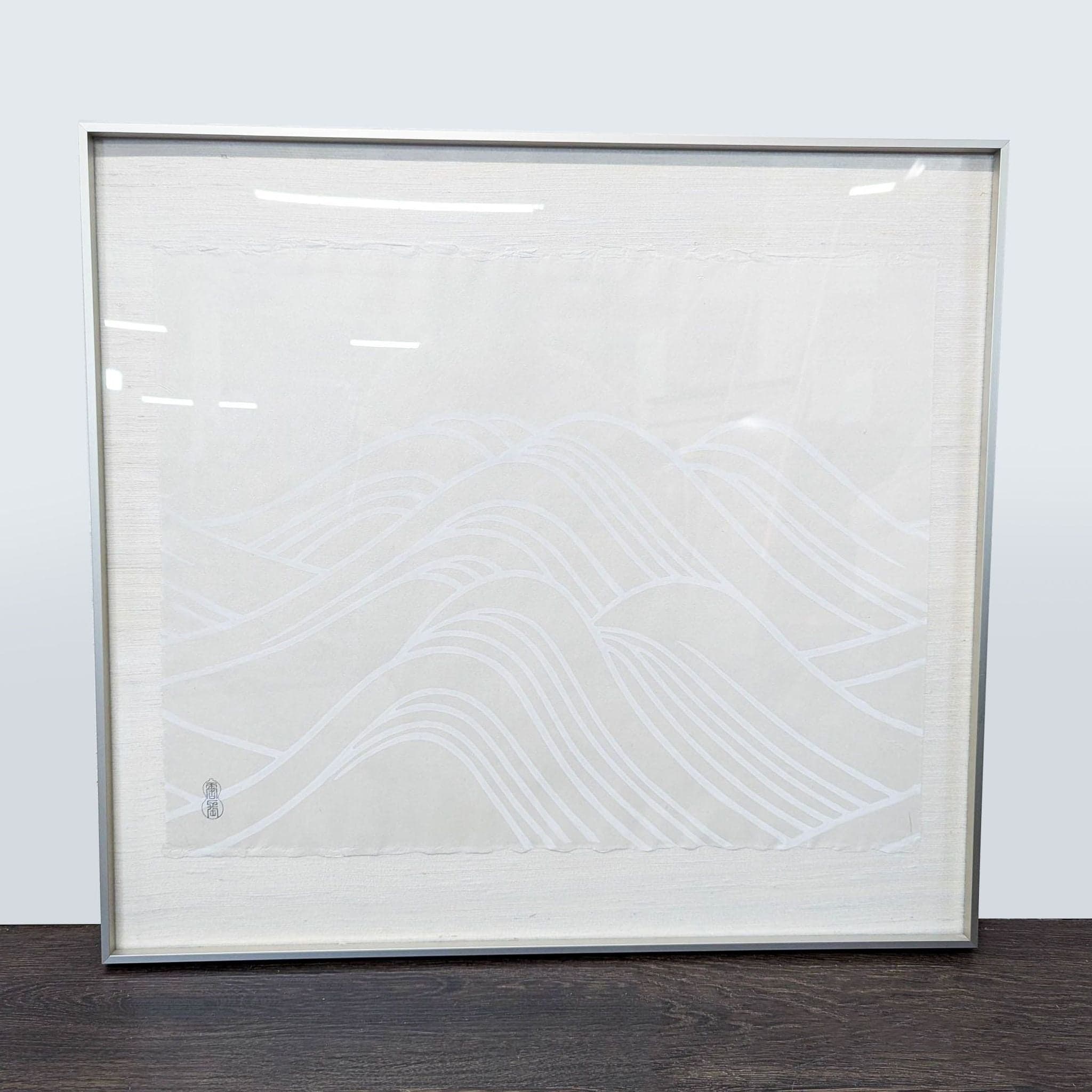Framed Minimalist Japanese Wave Print on Silk Paper - Image 1