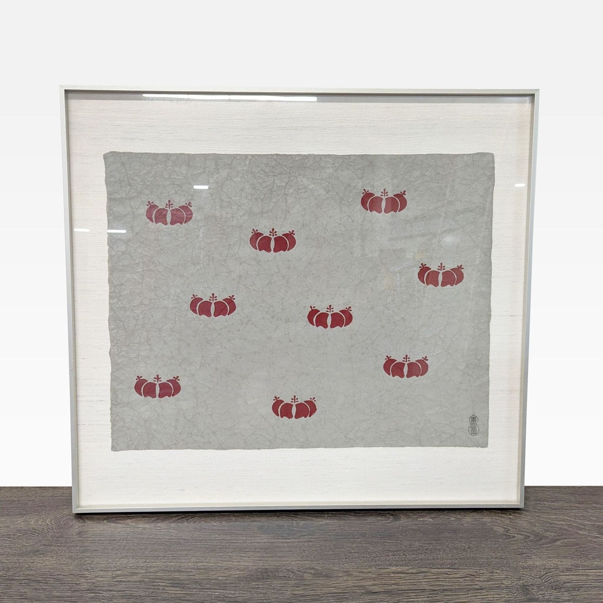 Framed Japanese Style Print with Red Pomegranate Pattern on Textured Paper - Image 1