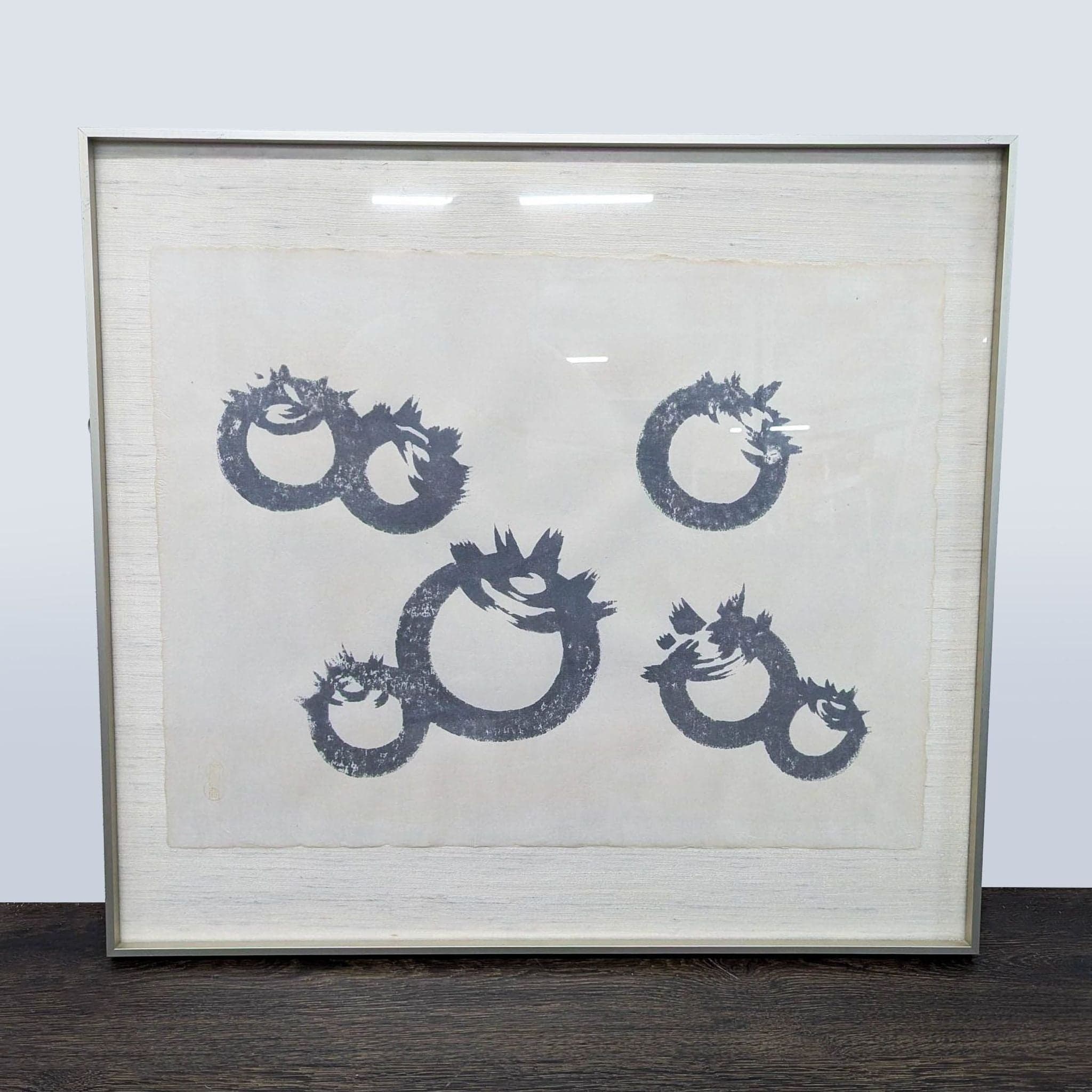 Original Asian Ink on Silk Painting – Abstract Calligraphic Circles w/ Artist Seal (Framed) - Image 1