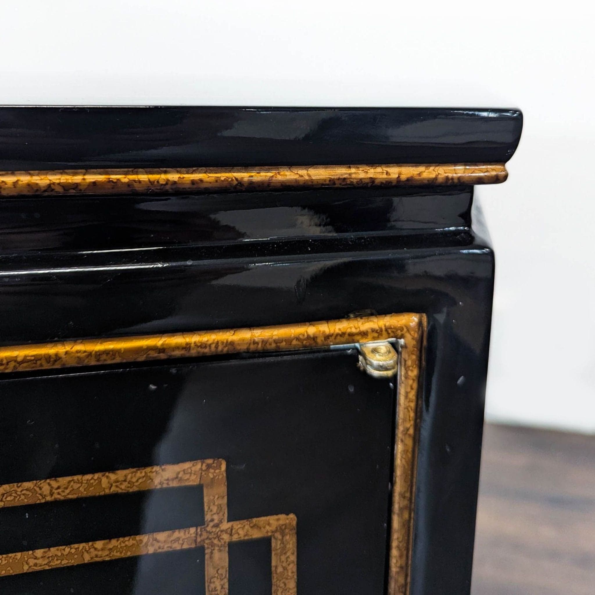 Black Lacquer Chinoiserie Hollywood Regency Credenza with Gold Detailing - Thumbnail 5