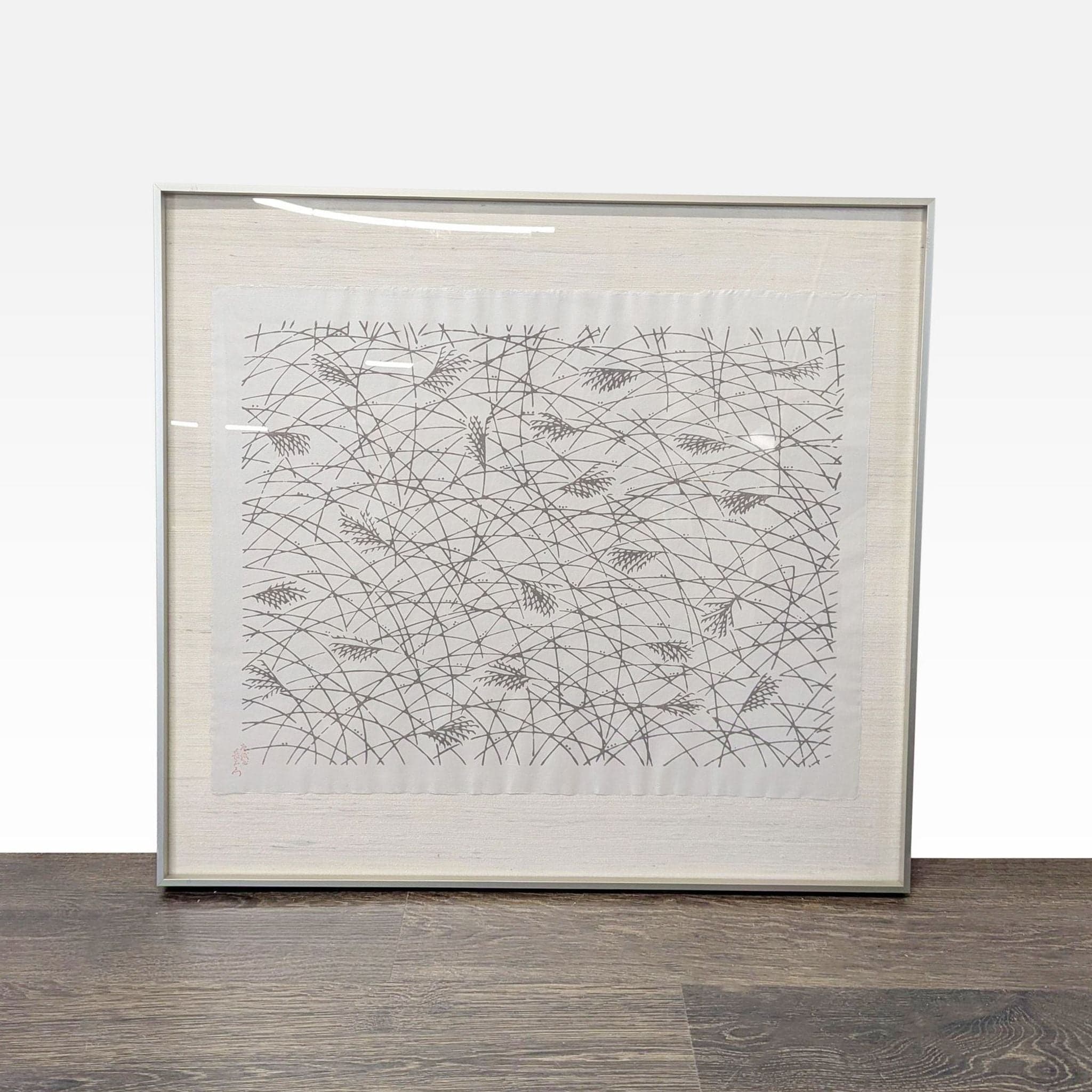 Framed Asian Ink on Silk – Minimalist Reed Landscape w/ Artist Seal - Image 1