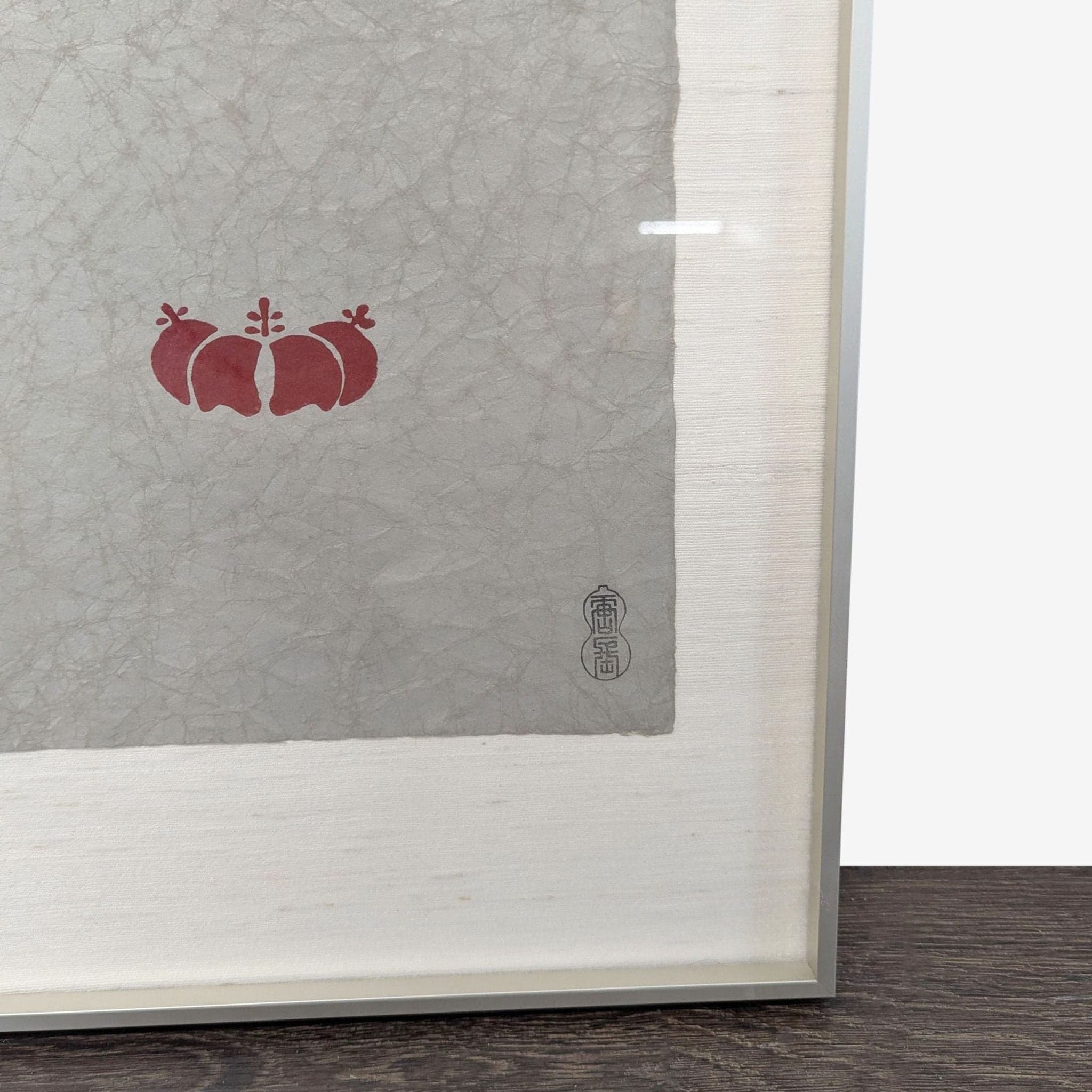 Framed Japanese Style Print with Red Pomegranate Pattern on Textured Paper - Thumbnail 2