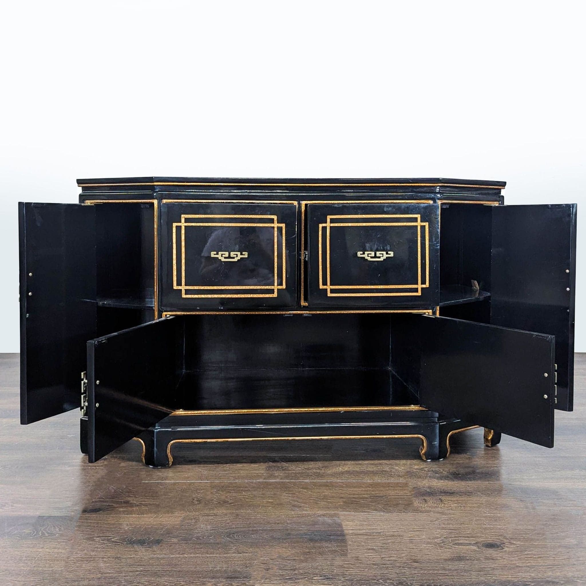 Black Lacquer Chinoiserie Hollywood Regency Credenza with Gold Detailing - Thumbnail 2