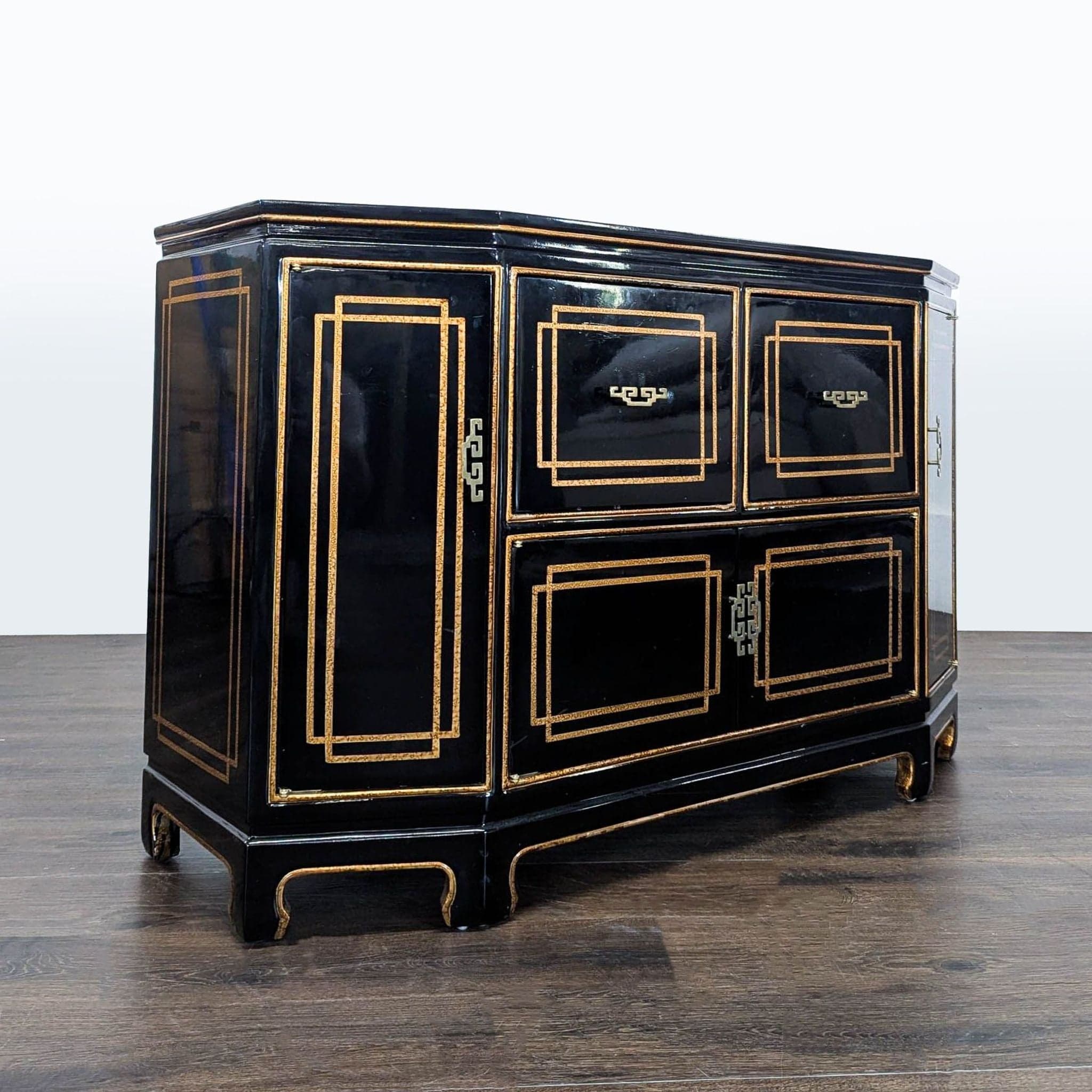 Black Lacquer Chinoiserie Hollywood Regency Credenza with Gold Detailing - Thumbnail 3
