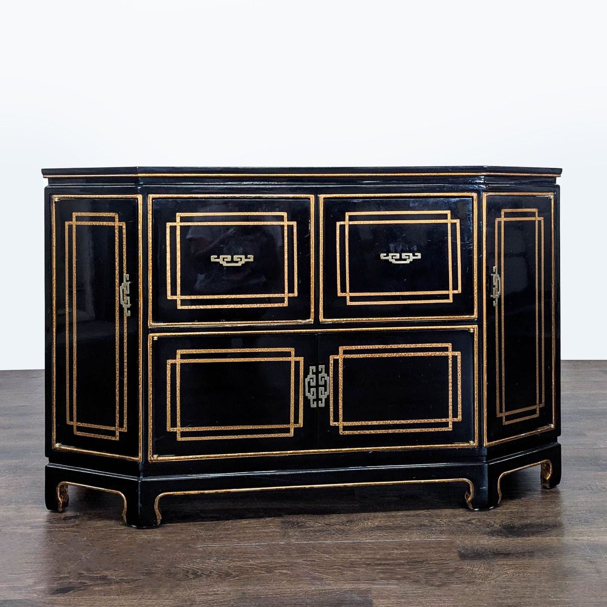 Black Lacquer Chinoiserie Hollywood Regency Credenza with Gold Detailing - Image 1