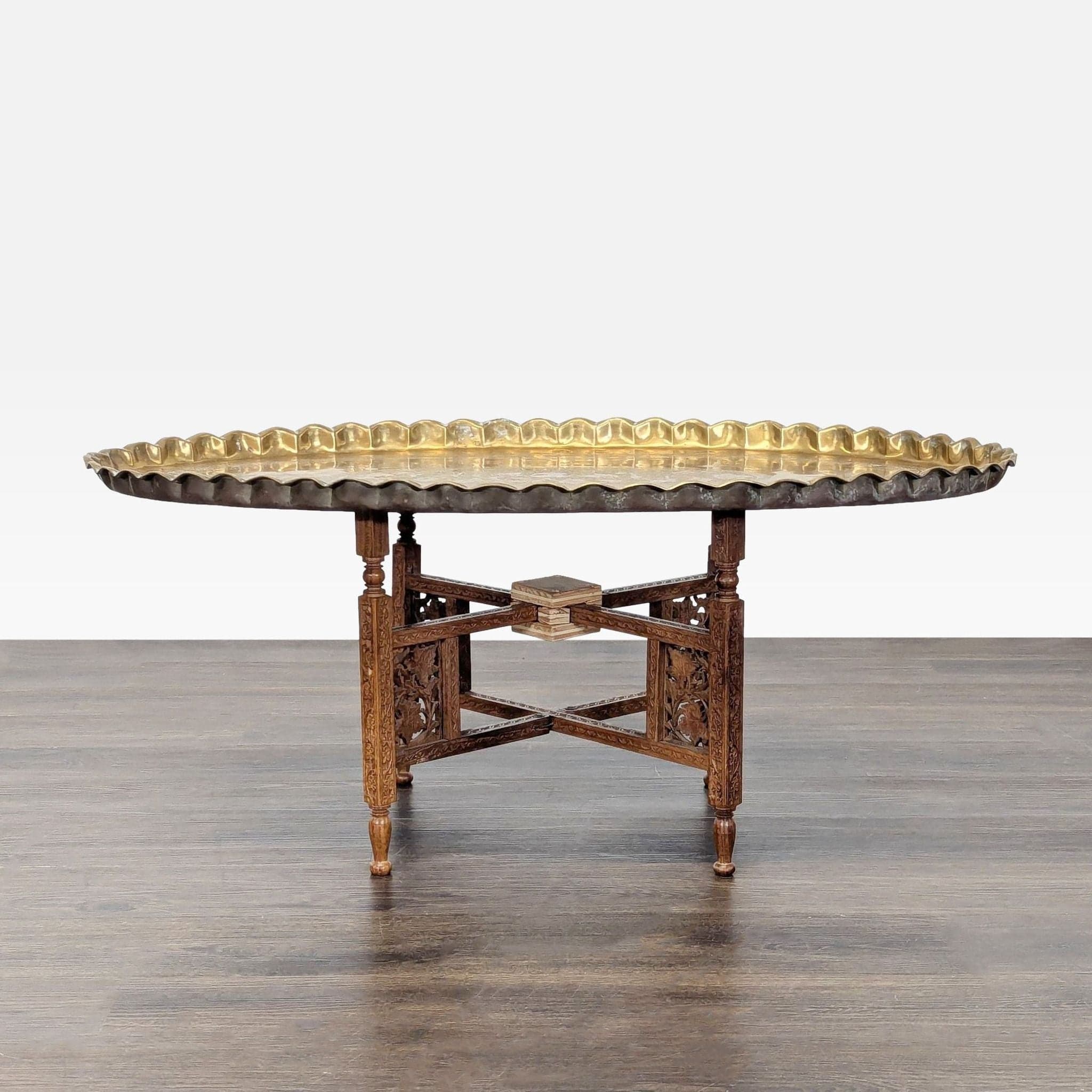 Brass Tray Top Coffee Table on Wood Stand - Image 1