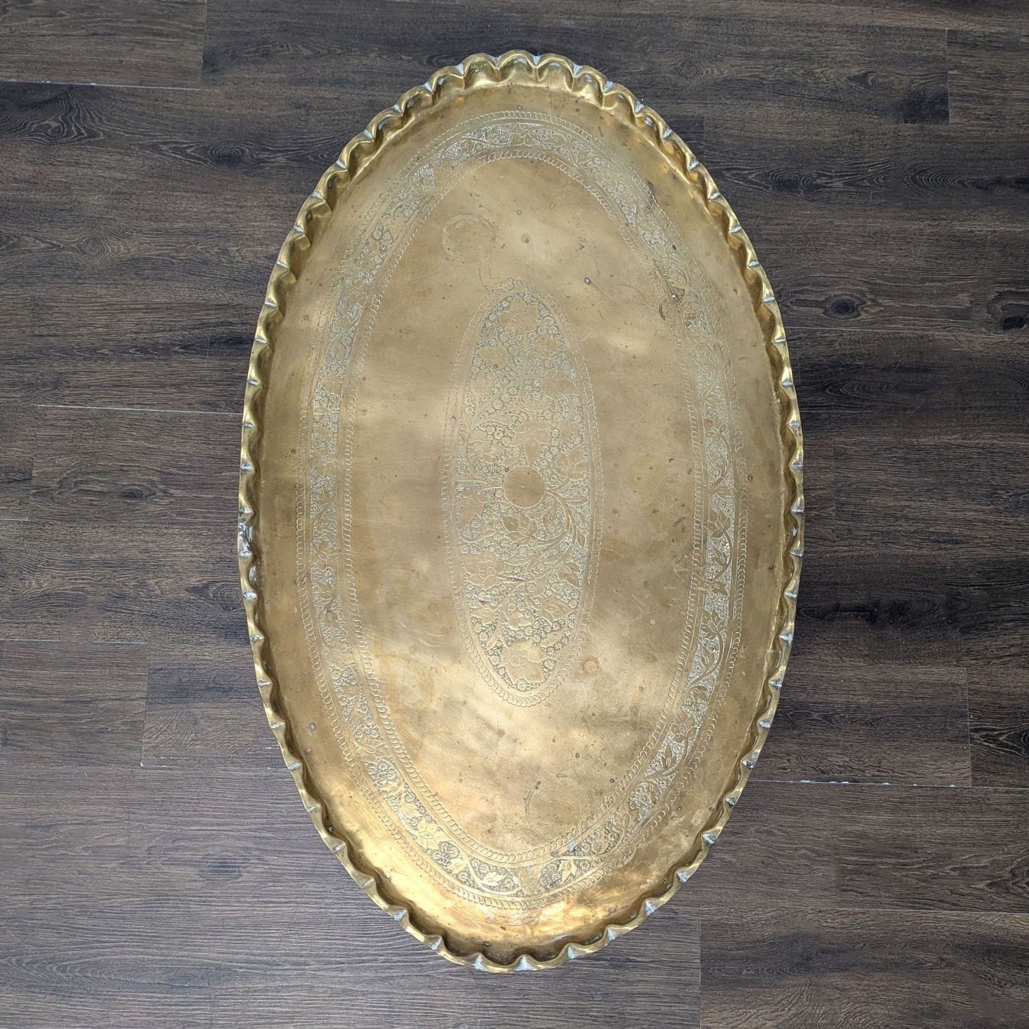 Brass Tray Top Coffee Table on Wood Stand - Thumbnail 5