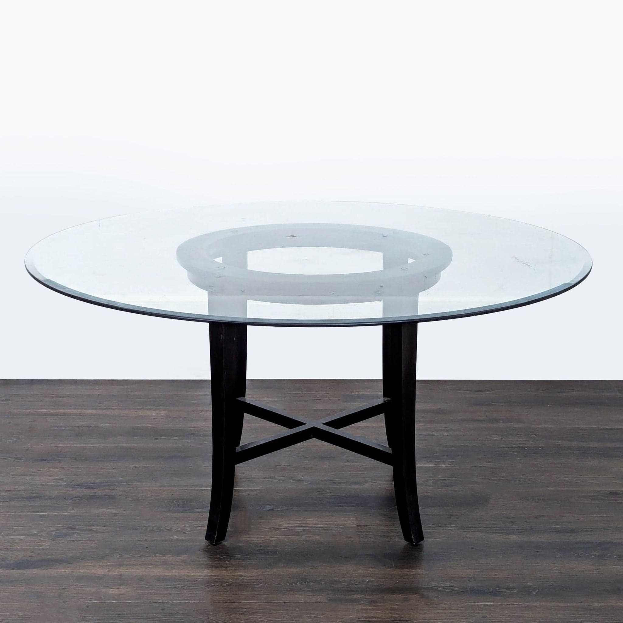 Glass Top Round Dining Table on Wood Base - Thumbnail 2