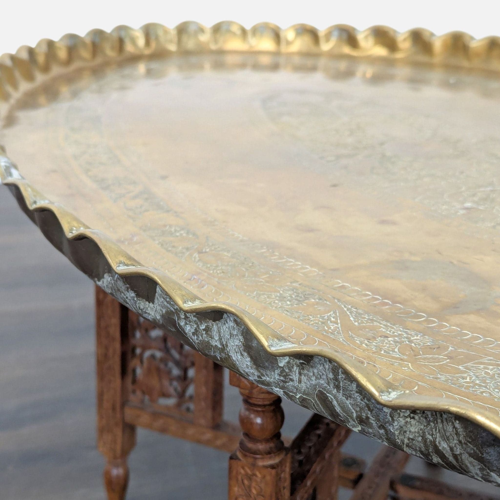 Brass Tray Top Coffee Table on Wood Stand - Thumbnail 6