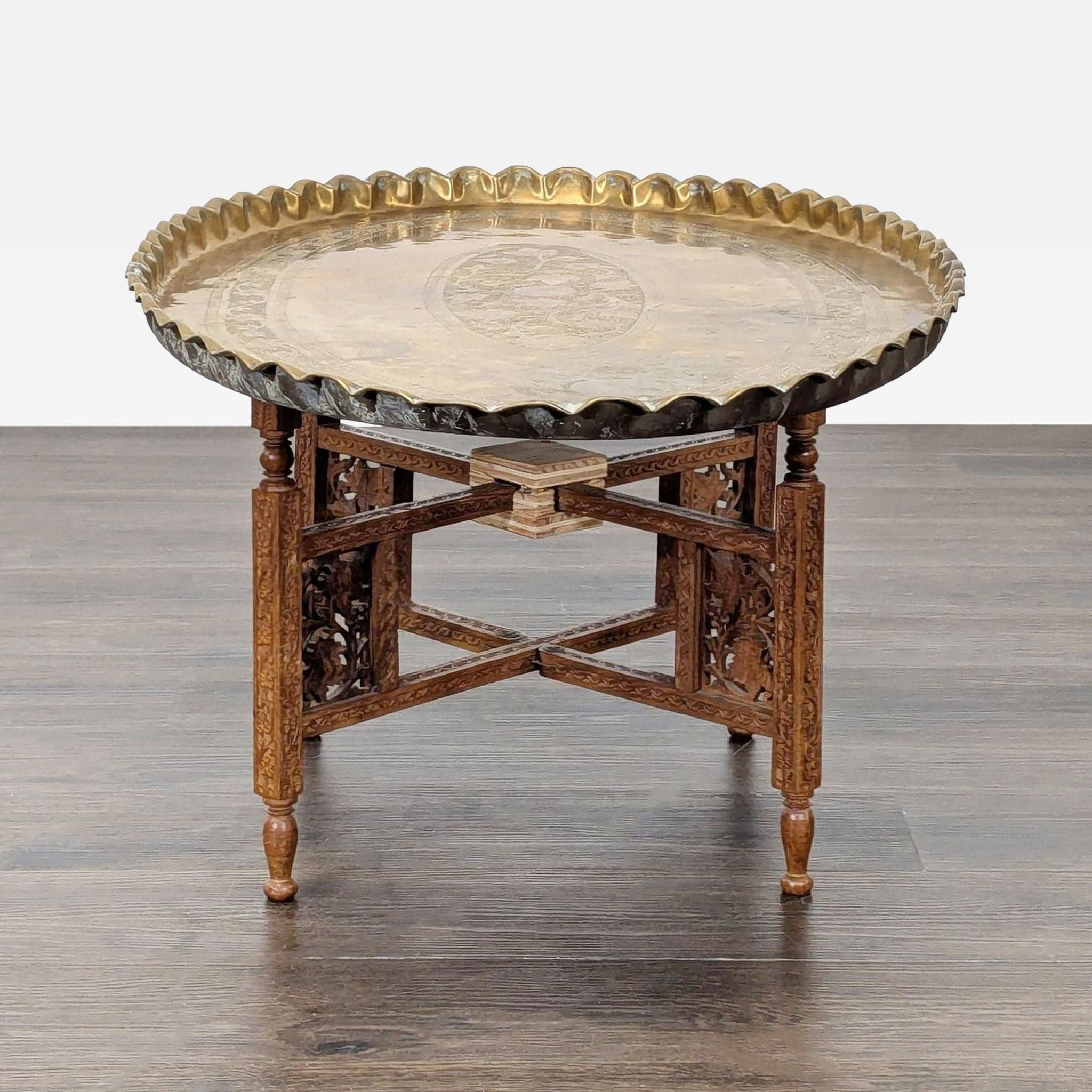 Brass Tray Top Coffee Table on Wood Stand - Thumbnail 4