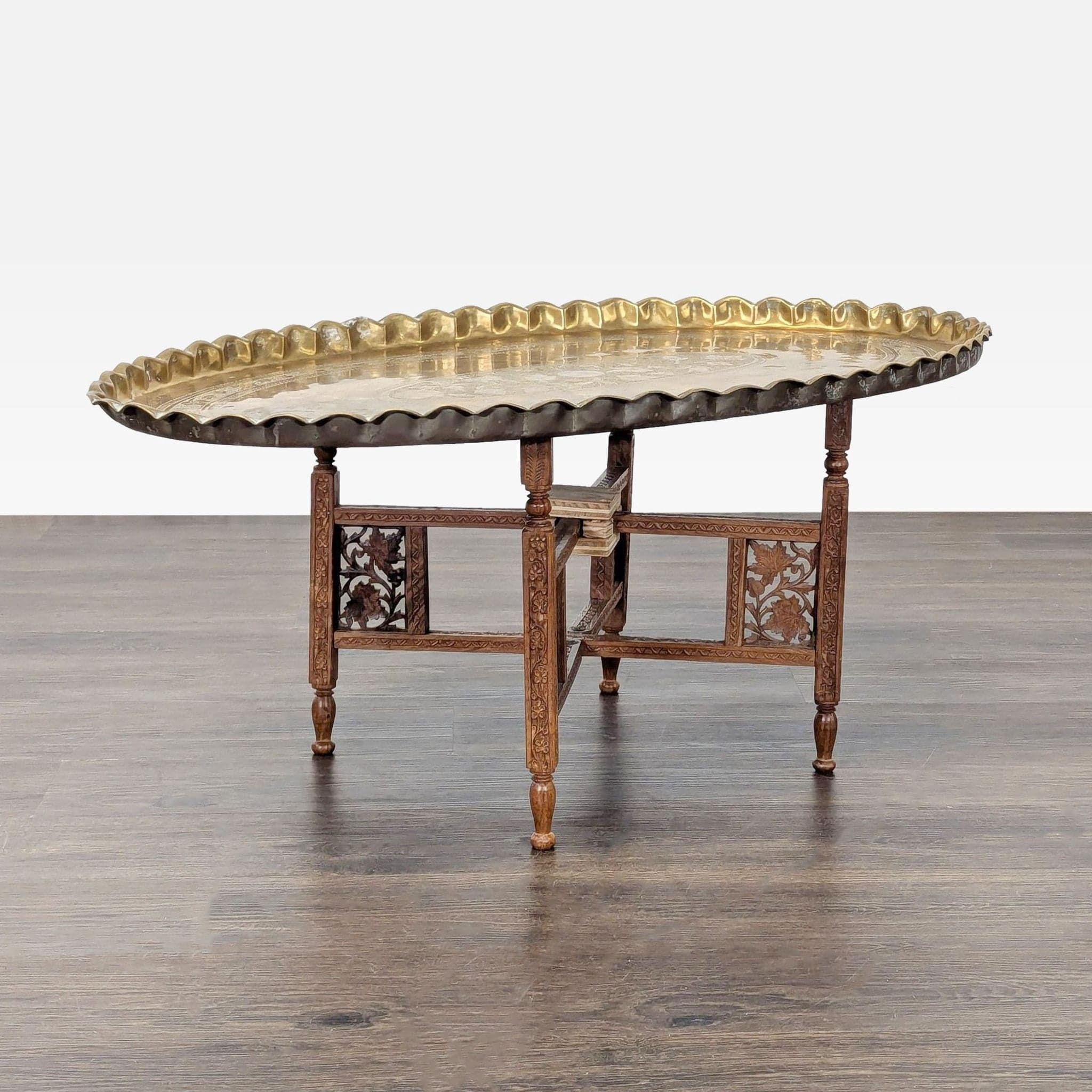 Brass Tray Top Coffee Table on Wood Stand - Thumbnail 3