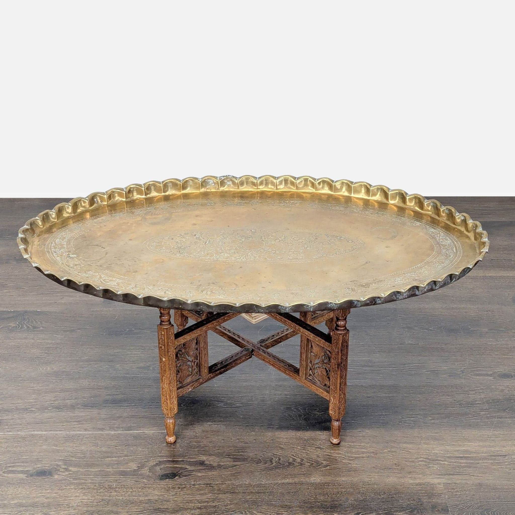 Brass Tray Top Coffee Table on Wood Stand - Thumbnail 2