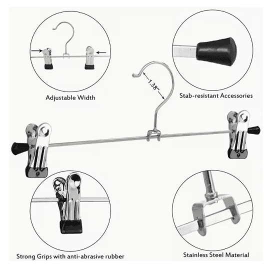 Hangers with Clips 5 pcs Adjustable Skirt Hangers for Women Metal Pants Hangers for Jeans - Thumbnail 2