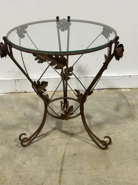 Distressed Round Iron Floral Table With Glass Top - Image 1