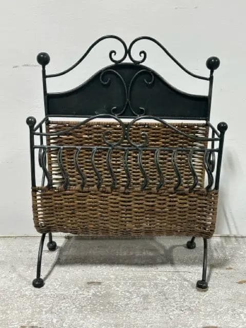 Green Metal And Wicker Magazine Holder - Image 1