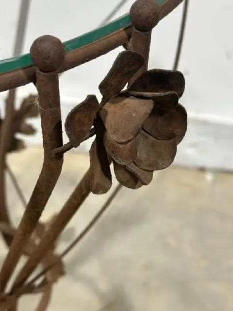 Distressed Round Iron Floral Table With Glass Top - Thumbnail 3