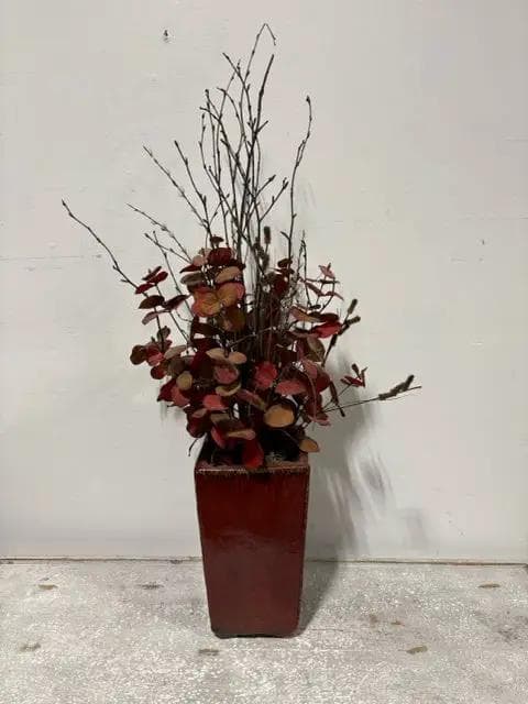 Red Pottery Vase With Faux Eucalyptus - Image 1