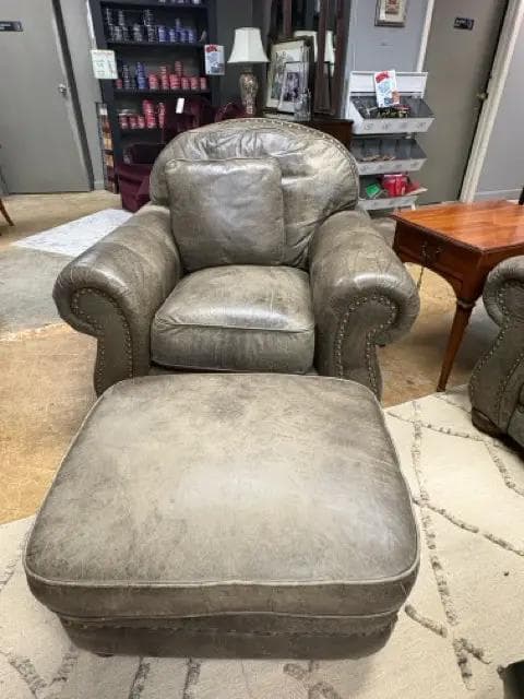 Lane Brown Leather Chair And Ottoman With Brass Nailheads - Image 1