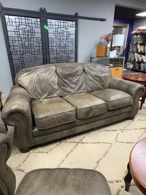 Lane Brown Leather Sofa With Brass Nailheads - Image 1