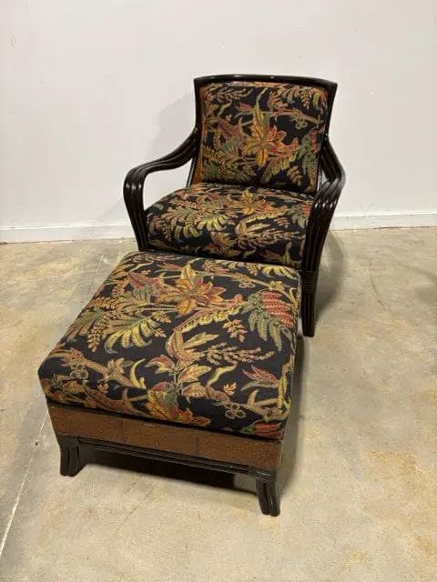 Palacek Wicker Back Brown Floral Chair With Ottoman - Image 1