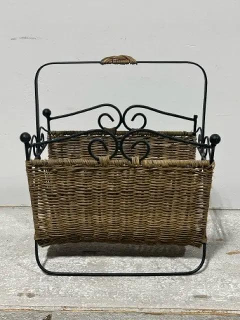 Black Metal And Wicker Magazine Holder - Image 1