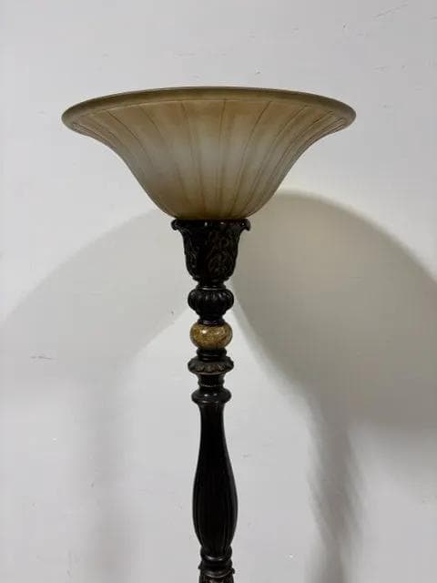 Bronze Torchiere Floor Lamp With Glass Shade - Thumbnail 2