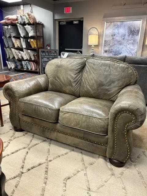 Lane Brown Leather Loveseat With Brass Nailheads - Image 1