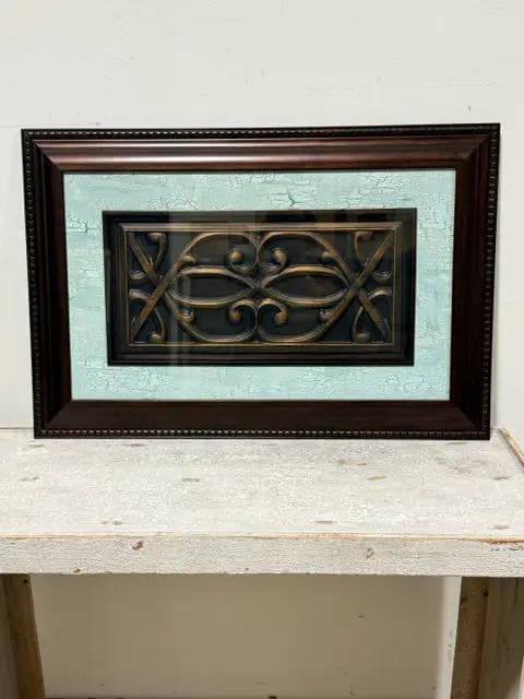 Framed Bronze Metal Grill with Distressed Turquoise Mat - Image 1