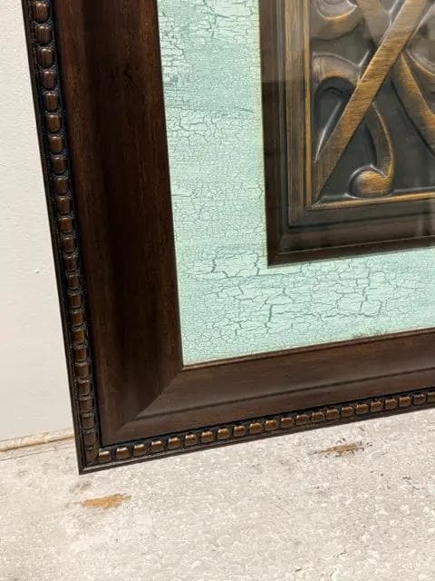 Framed Bronze Metal Grill with Distressed Turquoise Mat - Thumbnail 2