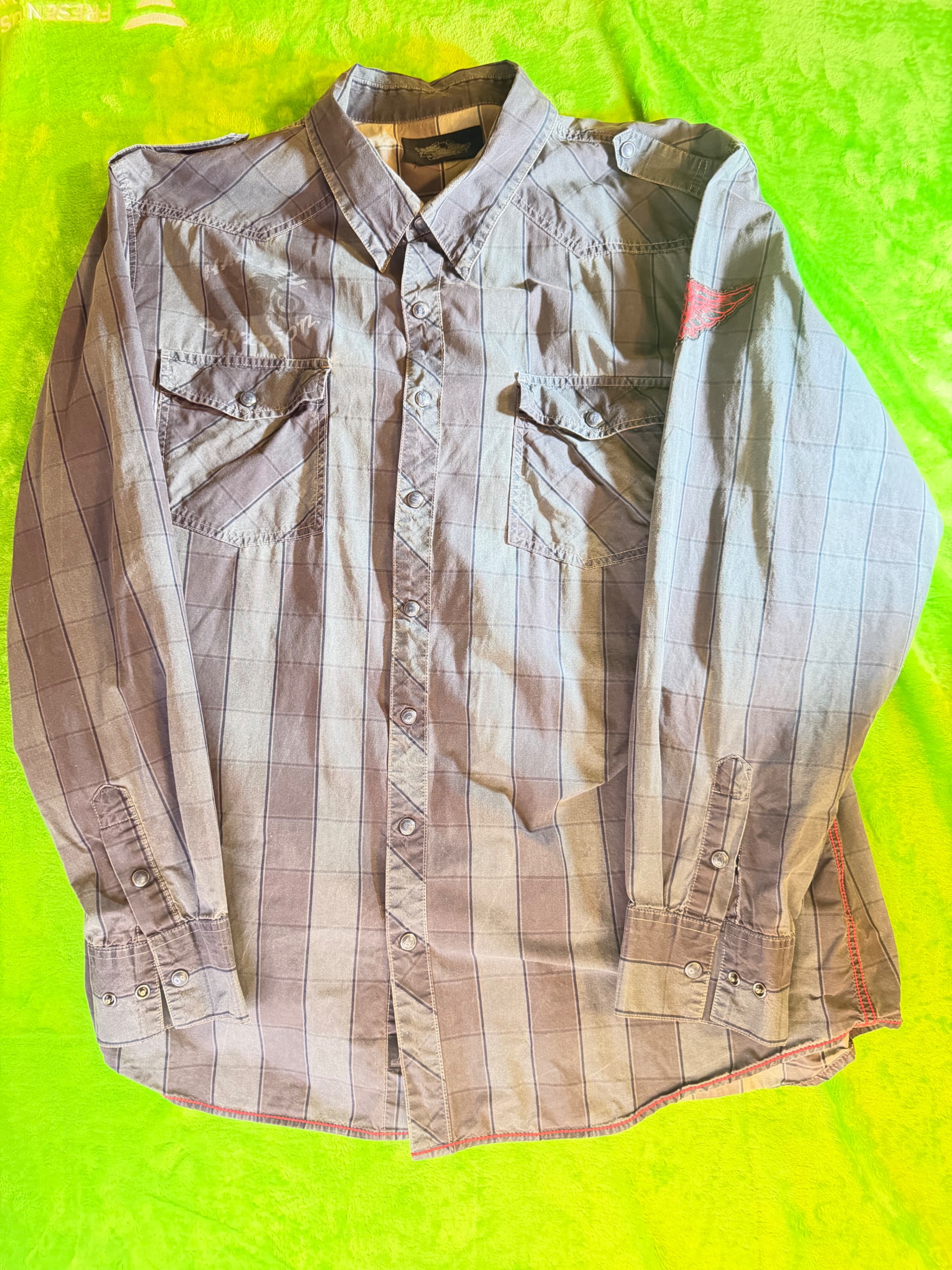 TITLE Harley Davidson Mens Pearl Snap Shirt Western Biker Plaid Gray Long Sleeve - Image 1