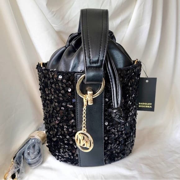 Badgley Mischka Women's Sequin Bucket Bag - Black - Thumbnail 5