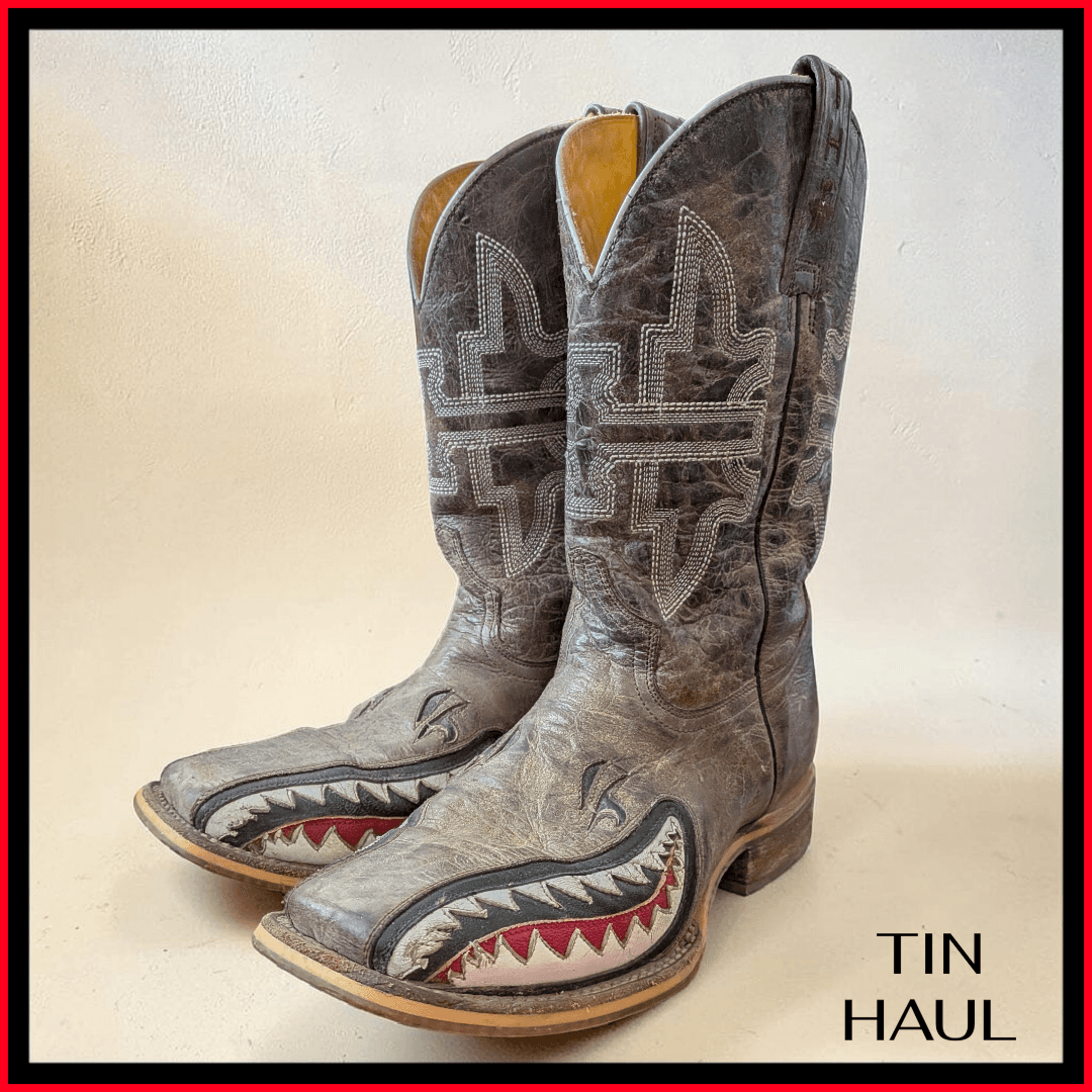Tin Haul "Toastin' a Gnarly Shark" Tooth Cowboy Boots Men's Size 9.5 - Image 1