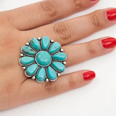 Artificial Turquoise Alloy Flower Ring - Thumbnail 2