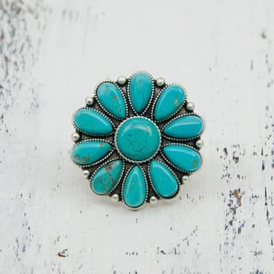 Artificial Turquoise Alloy Flower Ring - Thumbnail 3