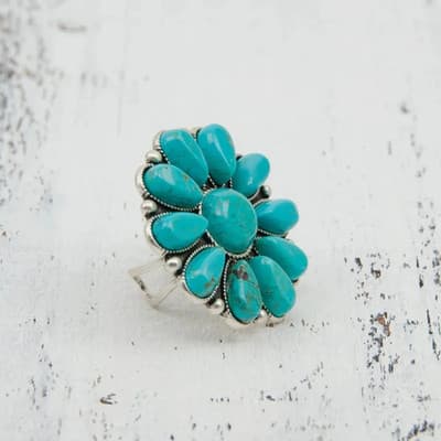 Artificial Turquoise Alloy Flower Ring - Thumbnail 4