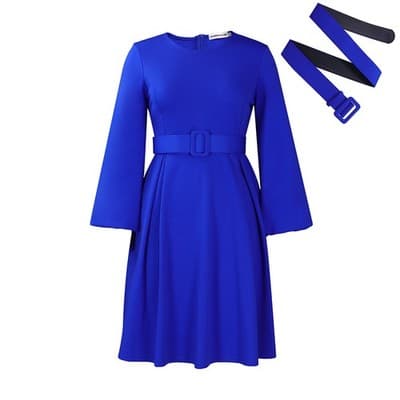 With Belt Long Sleeve Elegant Graceful Round Neck Large Swing Dress - Thumbnail 7