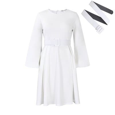 With Belt Long Sleeve Elegant Graceful Round Neck Large Swing Dress - Thumbnail 6