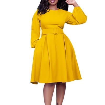 With Belt Long Sleeve Elegant Graceful Round Neck Large Swing Dress - Thumbnail 5