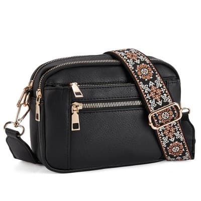 Triple-zipper Shoulder Bag With Floral Embroidered Straps Fashion Colorblock Mul - Thumbnail 7