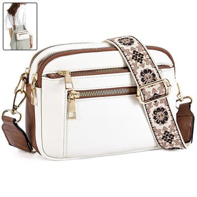 Triple-zipper Shoulder Bag With Floral Embroidered Straps Fashion Colorblock Mul