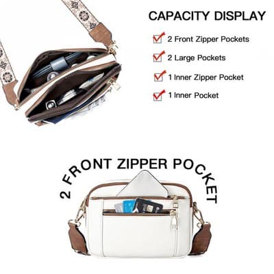 Triple-zipper Shoulder Bag With Floral Embroidered Straps Fashion Colorblock Mul - Thumbnail 3