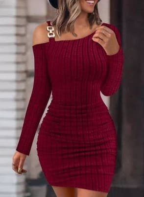 Solid Color Metal Buckle Shoulder Collar Skinny Sheath Sexy Long Sleeve Dress Wo - Thumbnail 6