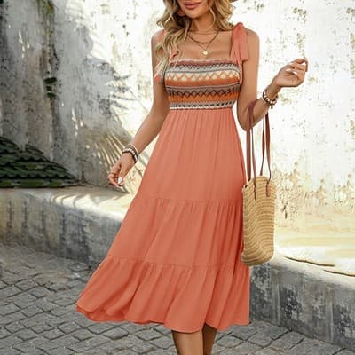 Women's Summer Boho Spaghetti Straps Dress Casual Long A-line Beach Dress Square