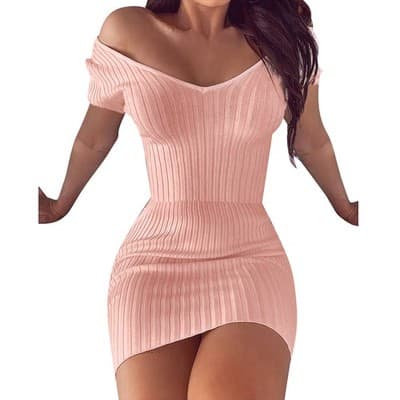 V-neck solid color slim dress - Thumbnail 5