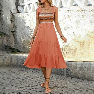 Women's Summer Boho Spaghetti Straps Dress Casual Long A-line Beach Dress Square - Thumbnail 3